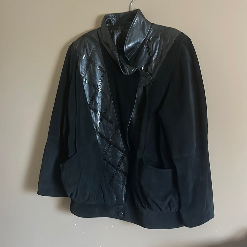 😄Black Suede Leather Plus Size Coat